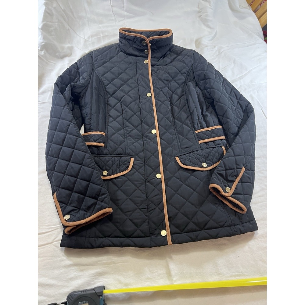 Jones New York Black Quilted Jacket M Tan Trim Gold Snaps Equestrian Riding Coat